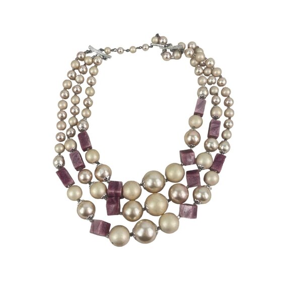 Vintage Three-Strand Pearl & Amethyst Bead Necklace retro 1950s - Picture 5 of 7